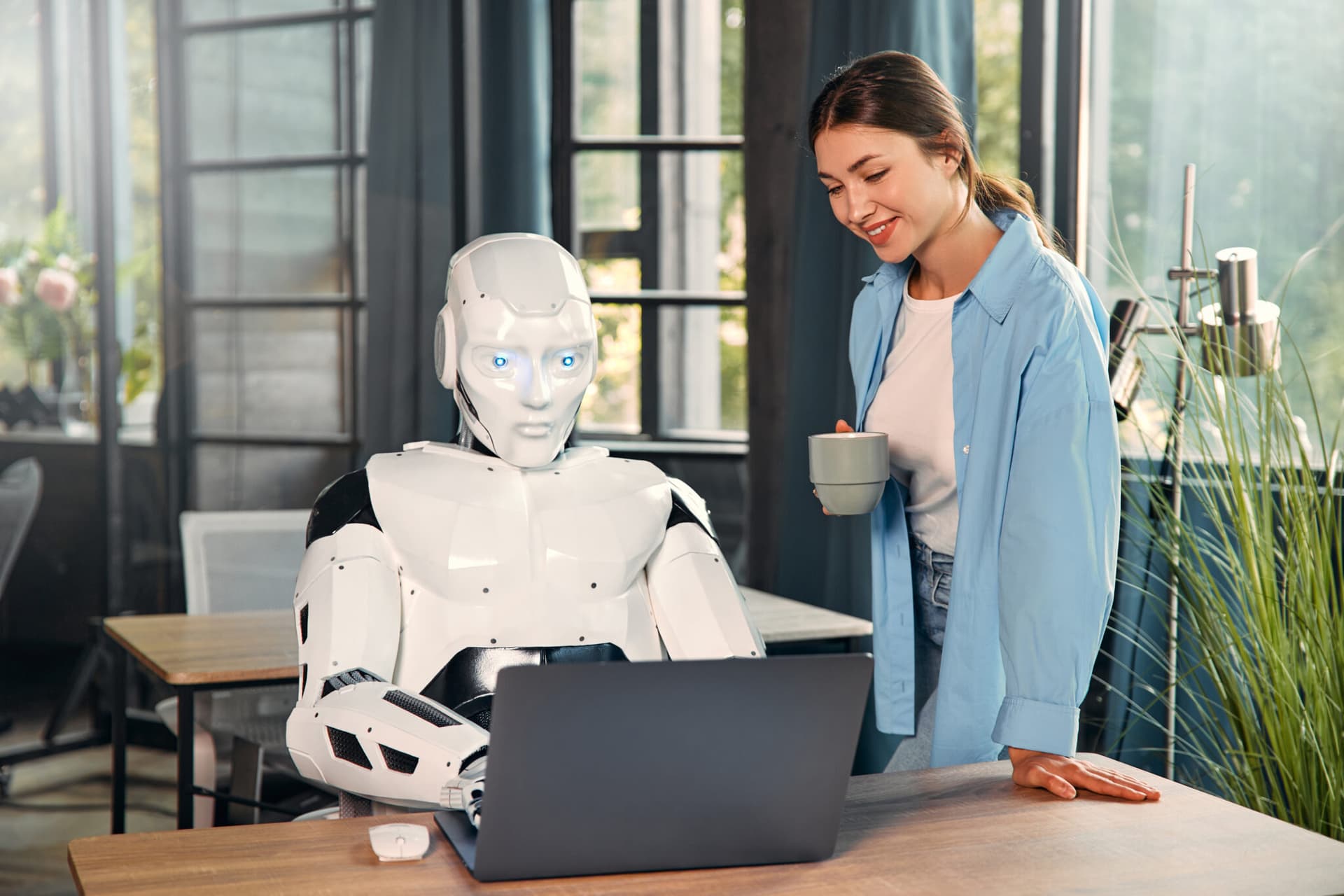 Robot and woman working on laptop in office
